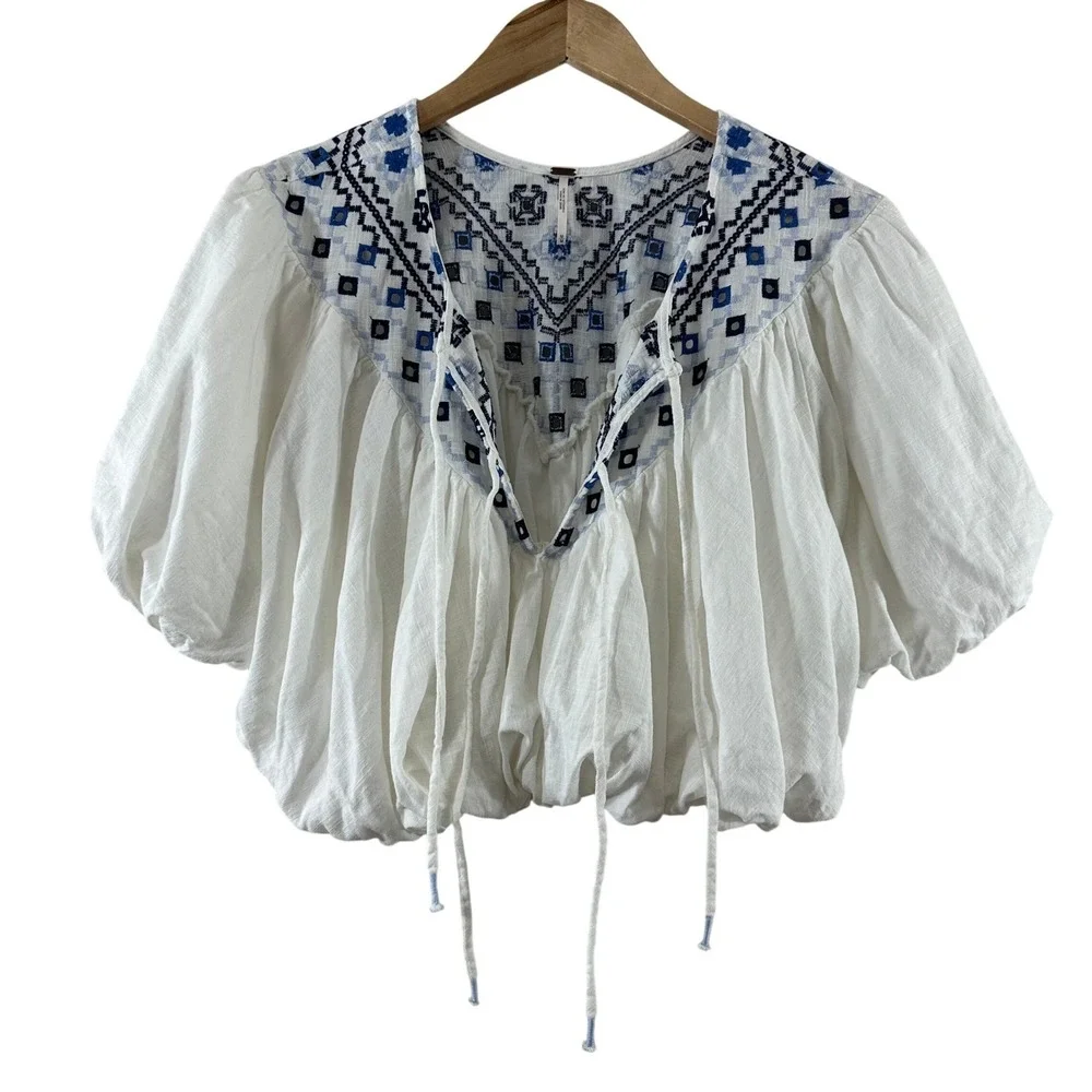 Free People White Blue Embroidered Linen Blend Puff Sleeve Bubble Hem Blouse M